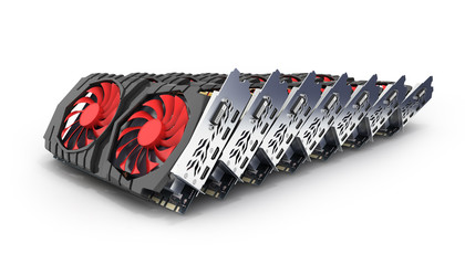 Video Graphic cards GPU laid out in a row isolated on white background 3d render