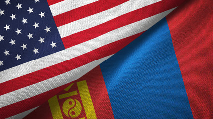 United States and Mongolia two flags textile cloth, fabric texture