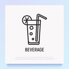 Beverage with straw and lemon thin line icon. Modern vector illustration.
