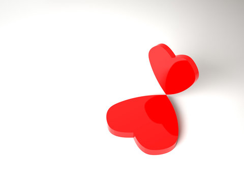 Two double heart on white background with shadows. Theme image for Valentine's Day or quarrel with free copy space for text or design. 3d illustration