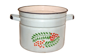 Image of an old enameled pan isolated on white background.