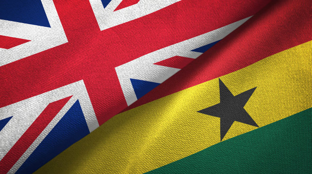 United Kingdom and Ghana two flags textile cloth, fabric texture