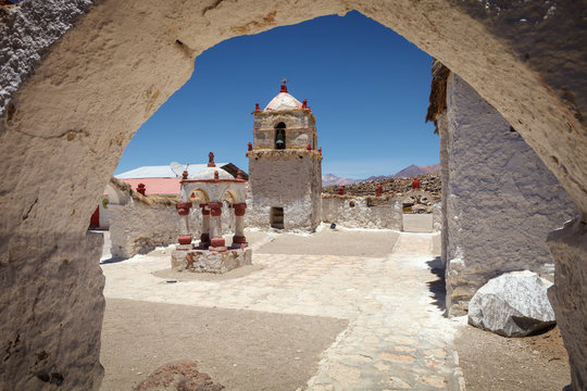 Small seventeenth-century church in the village of Parinacota, at 4,400 meters above sea level, in the Lauca National Park, northern Chile