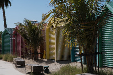 Colourful beach huts in la Mer Beach resort, Dubai