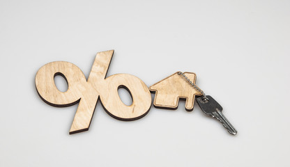 wood percent sign and house shape on white background. The concept of price changes on the real estate market
