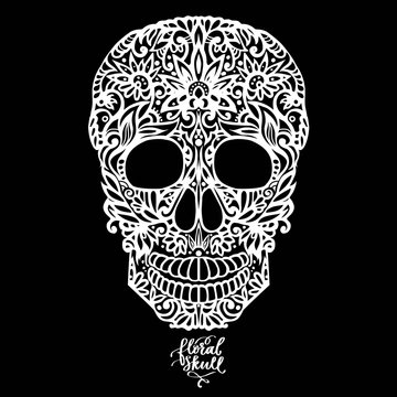 Hand drawn floral hand drawn patterned skull