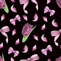 Spring tulips, petals and bows. Watercolor flower seamless pattern on black background.