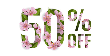 50% off sale banner with cherry flowers and cut out paper. Vector illustration, white banner design for spring, Easter or nature design