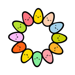 Colorful eggs smiling together hand drawn mandala wreath illustration