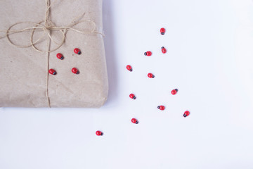Present decorated ladybugs.. Copy space. Place for text