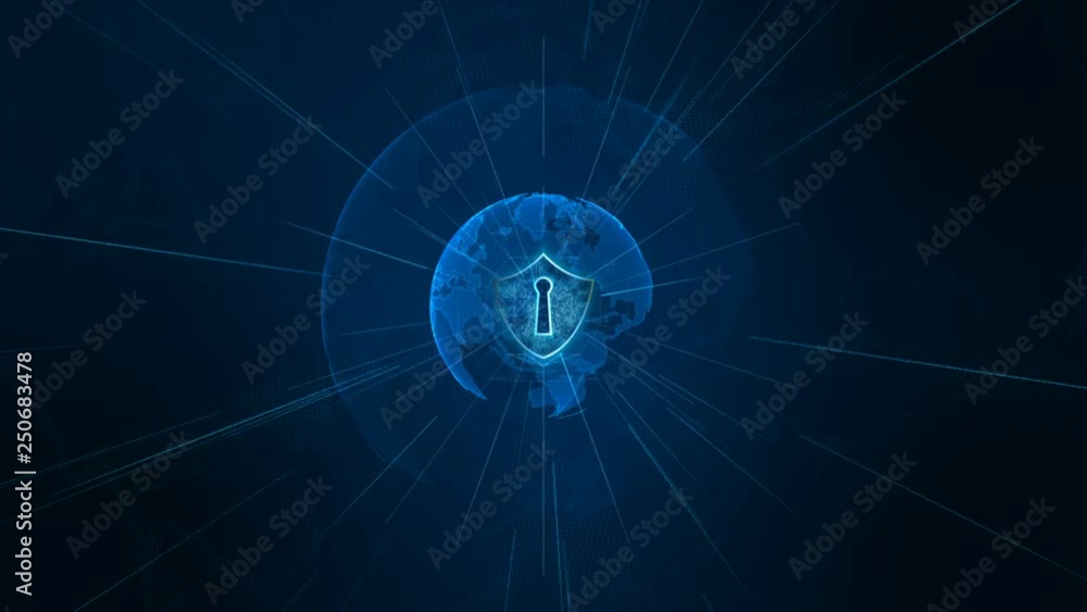 Poster shield icon on secure global network , cyber security and protection of personal data concept. earth