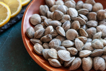 Close up of Fresh raw Surf clam chamelea gallina  with lemon in the wooden bowl
