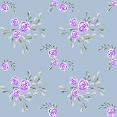 Seamless pattern with Delicate watercolor flowers and leaves. Hand drawn background. floral pattern for wallpaper or fabric. Flower rose. Botanic Tile. Aquarelle wild flower for background, texture.