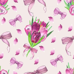 Spring tulips. Watercolor flower seamless pattern on pink background.