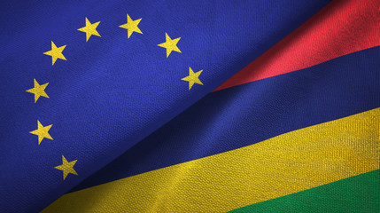 European Union and Mauritius two flags textile cloth, fabric texture