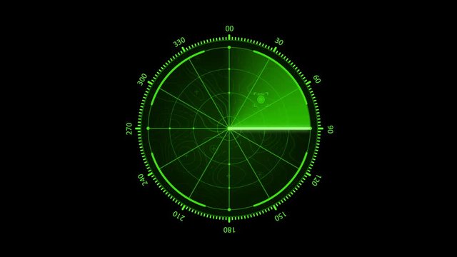 Radar loop with Alpha Matte, Digital green radar with targets on monitor in searching. Air search . Military search system . Navigation interface . Navy sonar. Head up display
