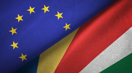 European Union and Seychelles two flags textile cloth, fabric texture