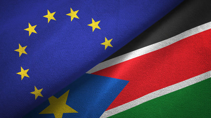 European Union and South Sudan two flags textile cloth, fabric texture