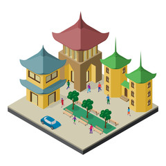 Isometric east asia cityscape. Pagoda, urban buildings, trees, benches, car and people.