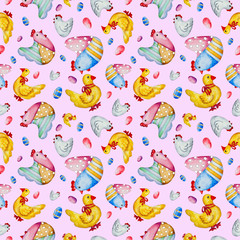 Easter hand drawn cute chickens and colored eggs.