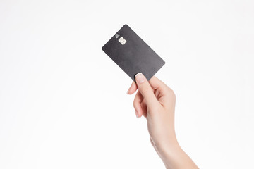 isolated background showing woman hands holding a card