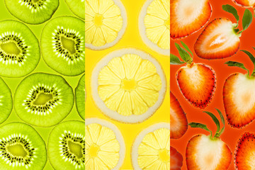 Strawberrie, Kiwi and lemon slices illuminated from below Background Fruits Top view