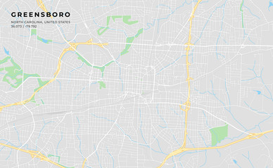 Fototapeta na wymiar Printable street map of Greensboro, North Carolina