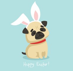 Vector card with cute pug puppy dog with rabbit ears and hand drawn text - Happy Easter in the flat style