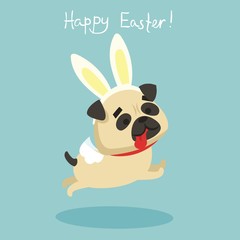 Vector card with cute pug puppy dog with rabbit ears and hand drawn text - Happy Easter in the flat style
