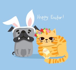 Vector card with cute puppy dog and cat with rabbit ears, spring flower, egg and hand drawn text - Happy Easter in the flat style -