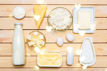 Dairy products collection on wooden table