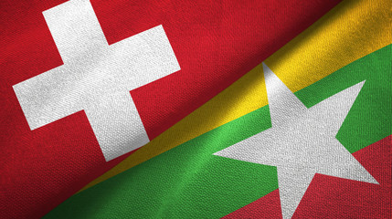 Switzerland and Myanmar two flags textile cloth, fabric texture