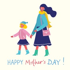 Colorful vector illustration concept of Happy Mother's day . Mothers with the children in the flat design for greeting cards, posters and backgrounds 