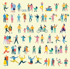 Fototapeta na wymiar Vector illustration in a flat style of different activities people jumping, dancing, walking, couple in love, doing sport in flat style 