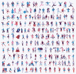 Vector illustration in a flat style of different activities people jumping, dancing, walking, couple in love, doing sport in flat style 