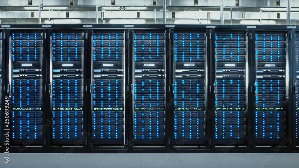 Poster Camera Slide-Trough Shot of a Working Data Center With Rows of Rack Servers. Led Lights Blinking and Computers are Working.