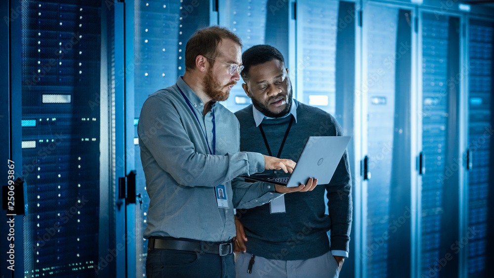 Poster Bearded IT Technician in Glasses with Laptop Computer and Black Male Engineer Colleague are Using Laptop in Data Center while Working Next to Server Racks. Running Diagnostics or Doing Maintenance Wor