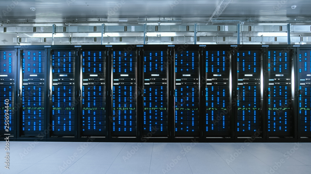 Aufkleber Shot of a Working Data Center With Rows of Rack Servers. Led Lights Blinking and Computers are Working.