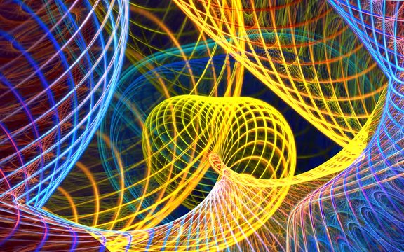 Abstract colorful curves spinning like a carousel. High detailed.