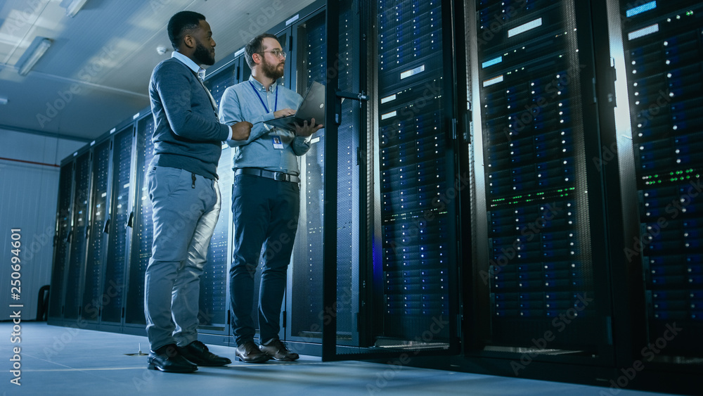 Aufkleber Bearded IT Technician in Glasses with a Laptop Computer and Black Male Engineer Colleague are Talking in Data Center while Working Next to Server Racks. Running Diagnostics or Doing Maintenance Work. 