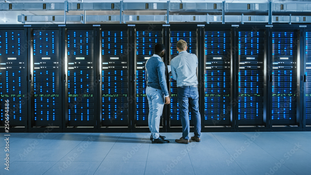 Aufkleber Bearded IT Technician in Glasses with a Laptop Computer and Black Male Engineer Colleague are Talking in Data Center while Working Next to Server Racks. Running Diagnostics or Doing Maintenance Work. 