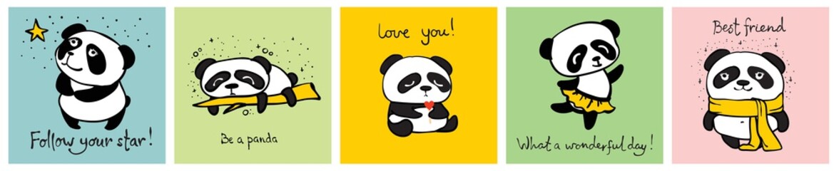 Vector set of vector cards with cute pandas and funny quotes for kid's interiors, banners and posters 