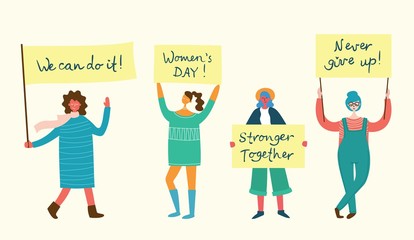 Colorful vector illustration concept of Happy Women's internarional day . Group of happy female friends, union of feminists, sisterhood holding placards, banners in flat design