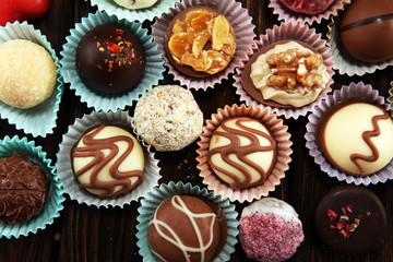 a lot of variety chocolate pralines, belgian confectionery gourmet chocolate