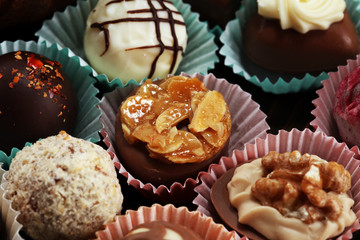 a lot of variety chocolate pralines, belgian confectionery gourmet chocolate