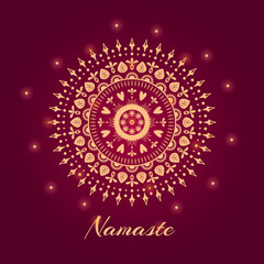 Mandala illustration with Namaste indian word. ethnic ornament on red background