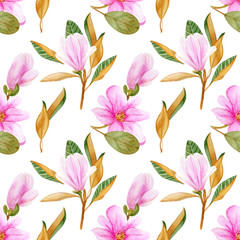 Watercolor pattern with flowers and leaves of magnolia. Illustration. Seamless background with flowers. Botany. Spring. Blooming trees. Garden. on a white background. Ideal for printing on fabric.