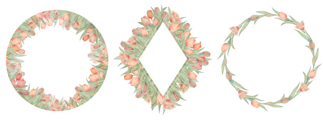 Set of watercolor tulips frames. Drawn by hand. Ideal for logo, wedding invitations, cards