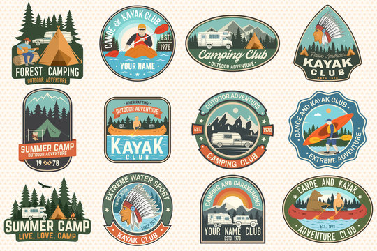 Set of summer camp, canoe and kayak club badges. Vector. For patch. Design with camping, mountain, river, american indian and kayaker silhouette. Extreme camp and water sport kayak patches