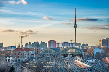 Fototapeta premium Berlin, skyline panorama with TV-Tower and Ostbahnhof